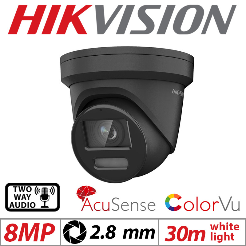 8MP HIKVISION COLORVU ACUSENSE FIXED TURRET IP NETWORK CAMERA WITH 2-WAY AUDIO 2.8MM BLACK DS-2CD2387G2-LSU-SL
