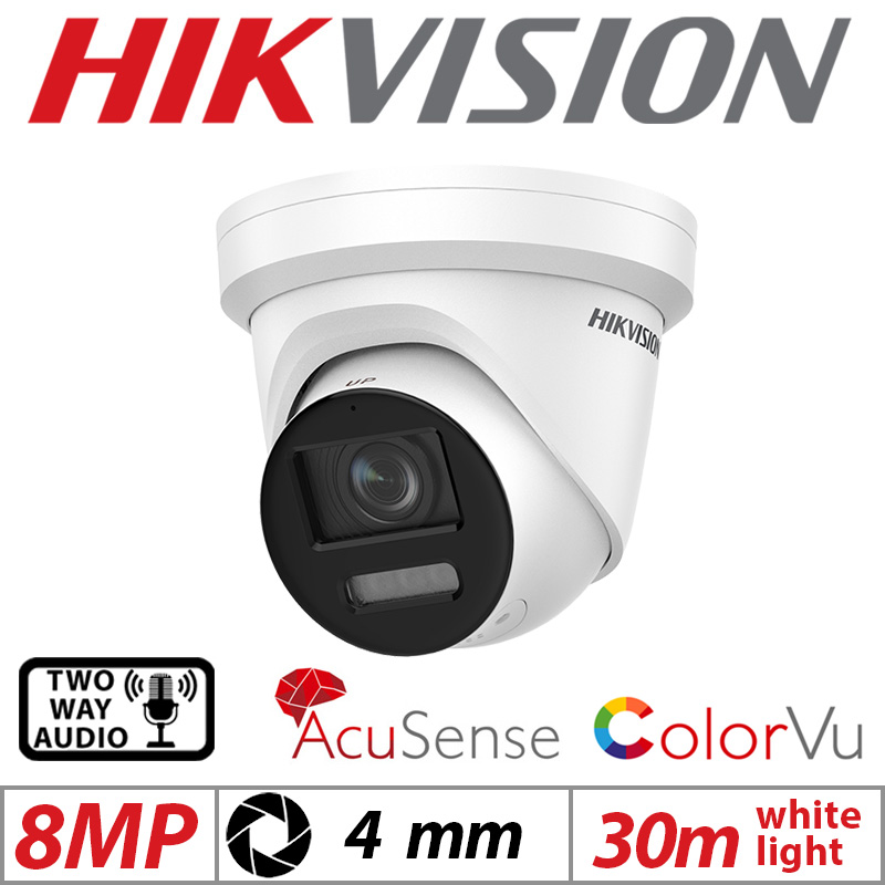 8MP HIKVISION COLORVU ACUSENSE FIXED TURRET IP NETWORK CAMERA WITH 2-WAY AUDIO 4MM WHITE DS-2CD2387G2-LSU-SL