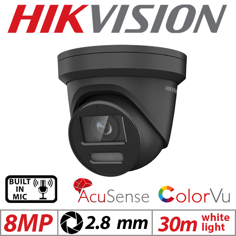 8MP HIKVISION COLORVU ACUSENSE FIXED TURRET IP NETWORK CAMERA WITH BUILT IN MIC 2.8MM BLACK DS-2CD2387G2-LU