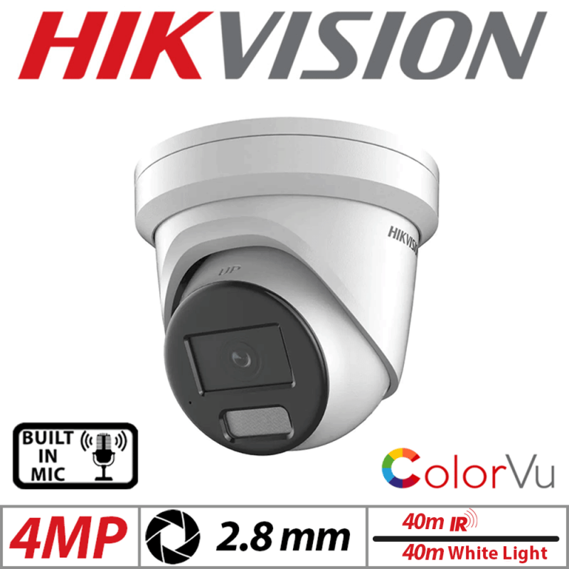 4 MP HIKVISION COLORVU FIXED TURRET IP NETWORK CAMERA WITH BUILT-IN MIC & SMART HYBRID LIGHT 2.8MM WHITE  DS-2CD2347G2H-LIU-2.8MM