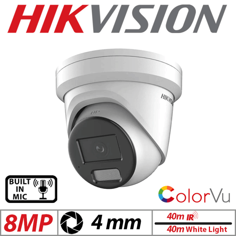 8 MP HIKVISION COLORVU FIXED TURRET IP NETWORK CAMERA WITH BUILT-IN MIC & SMART HYBRID LIGHT 4MM WHITE  DS-2CD2387G2H-LIU-4MM