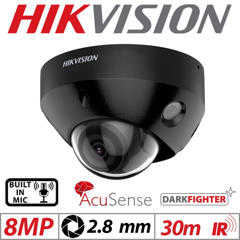 8MP HIKVISION DARKFIGHTER ACUSENSE VANDAL RESISTANT MINI DOME IP NETWORK CAMERA WITH BUILT IN MIC 2.8MM BLACK DS-2CD2586G2-IS