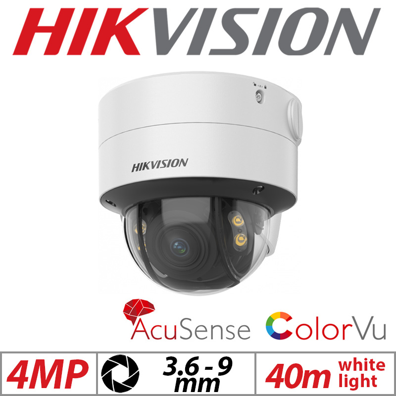 4MP HIKVISION COLORVU ACUSENSE VANDAL RESISTANT DOME IP NETWORK CAMERA WITH MOTORIZED VARIFOCAL ZOOM 3.6-9MM WHITE DS-2CD2747G2-LZS
