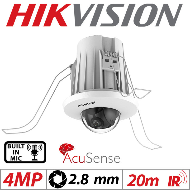 4MP HIKVISION ACUSENSE IN-CEILING FIXED MINI DOME IP NETWORK CAMERA WITH BUILT IN MIC 2.8MM WHITE DS-2CD2E43G2-U