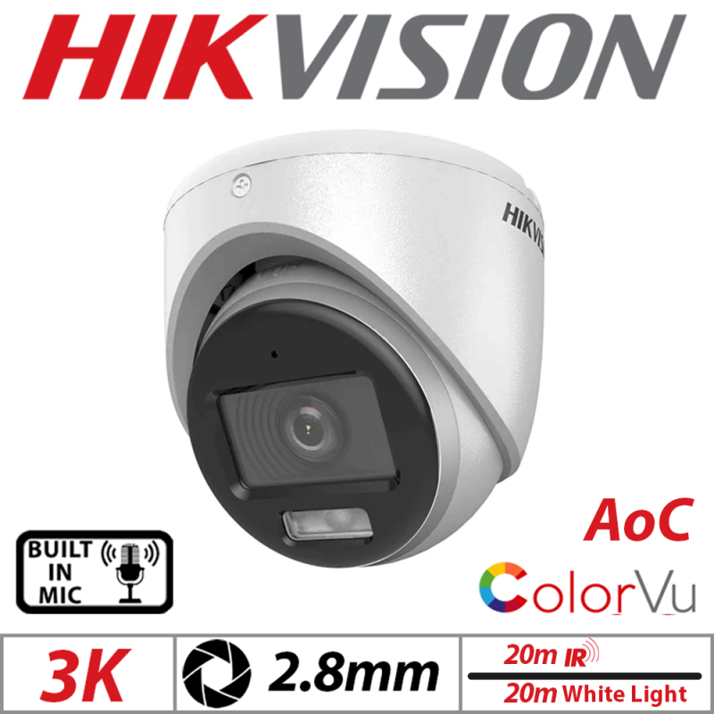 3K HIKVISION COLORVU AOC FIXED TURRET CAMERA WITH BUILT IN MIC 2.8MM WHITE DS-2CE70KF0T-LMFS-2.8mm-white