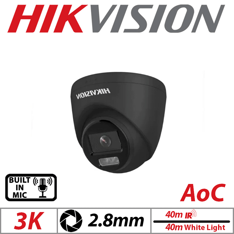 3K HIKVISION COLORVU AOC FIXED TURRET CAMERA WITH BUILT IN MIC 2.8MM BLACK DS-2CE72KF0T-LFS-2.8MM-BLACK