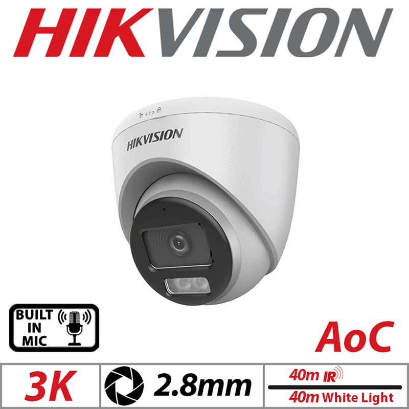 3K HIKVISION COLORVU AOC FIXED TURRET CAMERA WITH BUILT IN MIC 2.8MM WHITE DS-2CE72KF0T-LFS-2.8MM-WHITE