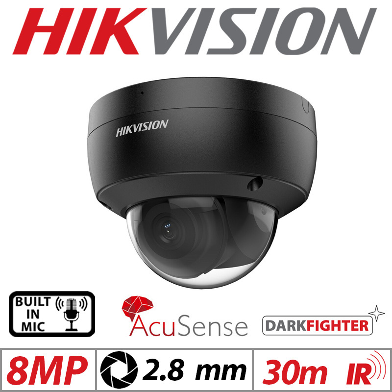 8MP HIKVISION DARKFIGHTER ACUSENSE VANDAL RESISTANT DOME IP NETWORK CAMERA WITH BUILT IN MIC 2.8MM BLACK DS-2CD2186G2-ISU