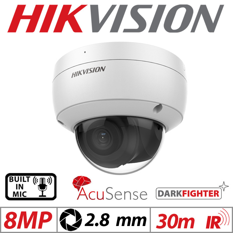 8MP HIKVISION DARKFIGHTER ACUSENSE VANDAL RESISTANT DOME IP NETWORK CAMERA WITH BUILT IN MIC 2.8MM WHITE DS-2CD2186G2-ISU