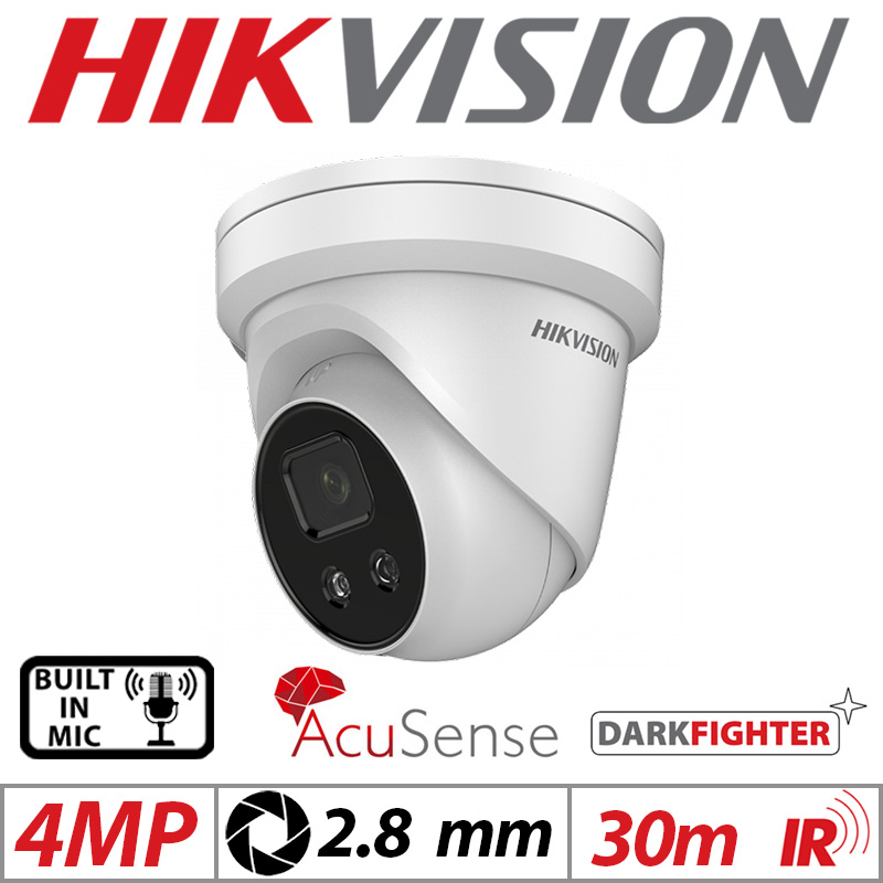 4MP HIKVISION DARKFIGHTER ACUSENSE TURRET IP NETWORK CAMERA WITH BUILT IN MIC 2.8MM WHITE DS-2CD2346G2-IU