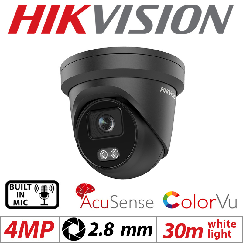 4MP HIKVISION COLORVU ACUSENSE FIXED TURRET IP NETWORK CAMERA WITH BUILT IN MIC 2.8MM BLACK DS-2CD2347G2-LU