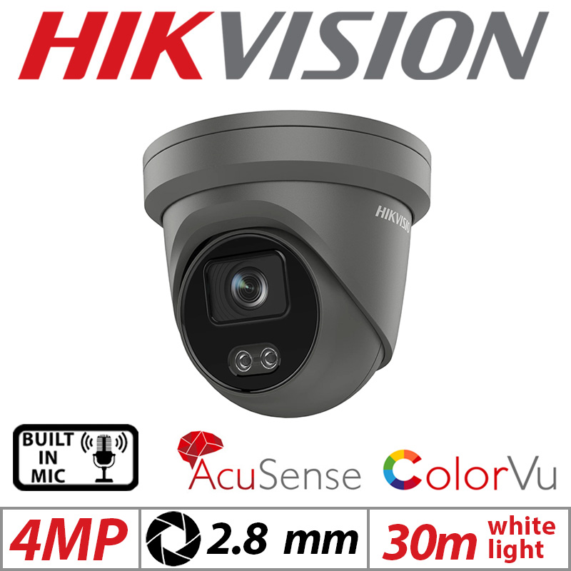 4MP HIKVISION COLORVU ACUSENSE FIXED TURRET IP NETWORK CAMERA WITH BUILT IN MIC 2.8MM GREY DS-2CD2347G2-LU-2.8MM-GREY