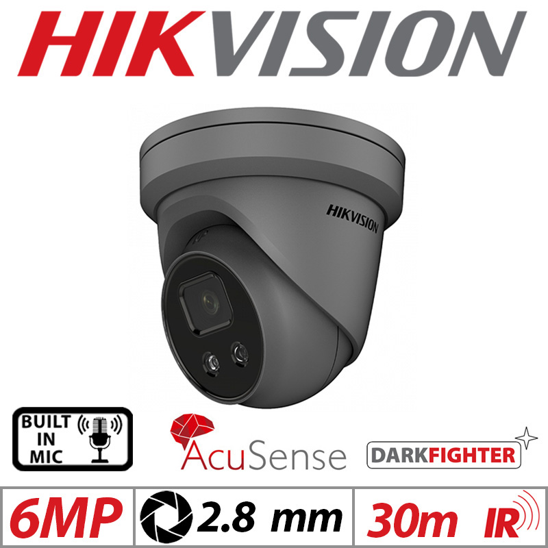 6MP HIKVISION DARKFIGHTER ACUSENSE FIXED TURRET IP NETWORK CAMERA WITH BUILT IN MIC 2.8MM GREY DS-2CD2366G2-IU