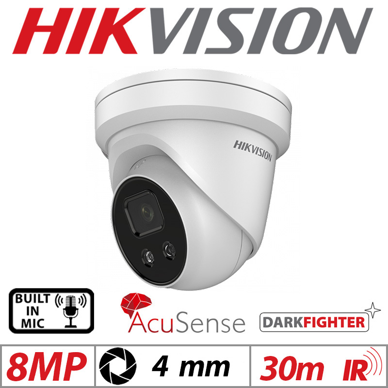 8MP HIKVISION DARKFIGHTER ACUSENSE FIXED TURRET IP NETWORK CAMERA WITH BUILT IN MIC 4MM WHITE DS-2CD2386G2-IU
