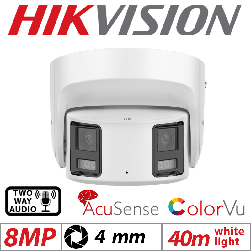 8MP HIKVISION COLORVU ACUSENSE PANORAMIC FIXED TURRET IP NETWORK CAMERA WITH 2-WAY AUDIO 4MM WHITE DS-2CD2387G2P-LSU-SL