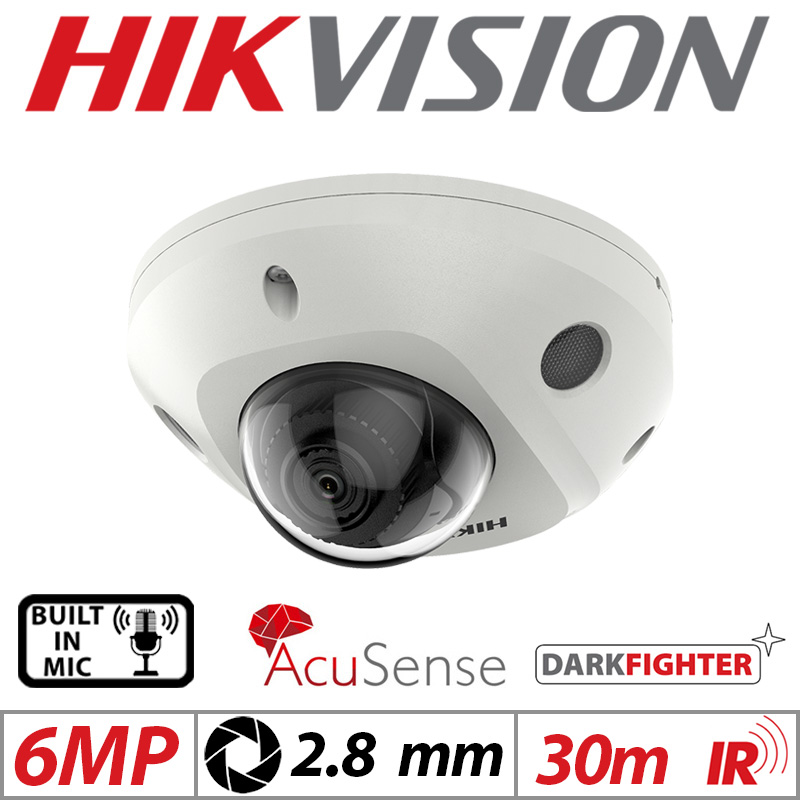 6MP HIKVISION DARKFIGHTER ACUSENSE VANDAL RESISTANT MINI DOME IP NETWORK CAMERA WITH BUILT IN MIC 2.8MM WHITE DS-2CD2566G2-IS