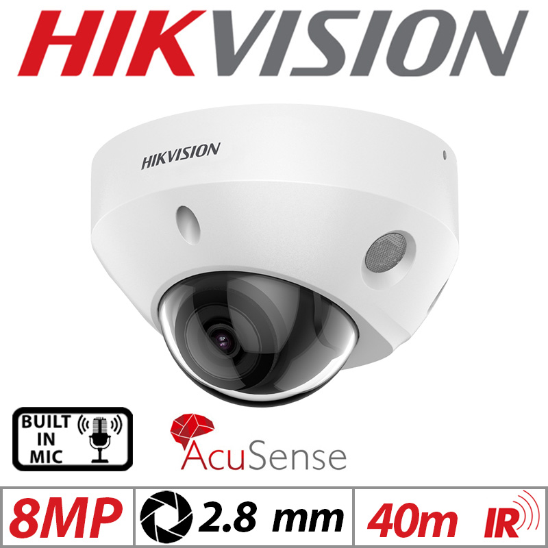 8MP HIKVISION ACUSENSE VANDAL RESISTANT MINI DOME IP NETWORK CAMERA WITH BUILT IN MIC 2.8MM WHITE DS-2CD2583G2-IS