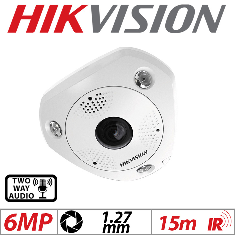 6MP HIKVISION FISHEYE IP NETWORK 360 VIEWING ANGLE WATER AND VANDAL RESISTANT CAMERA WITH 2-WAY AUDIO 1.27MM WHITE DS-2CD6365G0-IVS