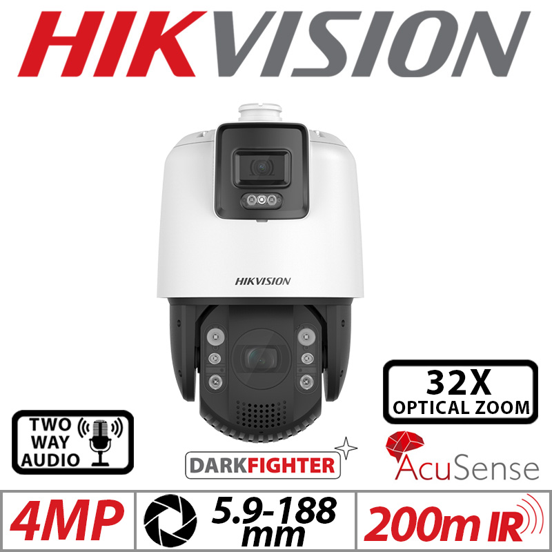 4MP HIKVISION ACUSENSE DARKFIGHTER NETWORK PTZ CAMERA WITH MOTORIZED VARIFOCAL ZOOM 5.9-188.8MM PLUS PANORAMIC CAMERA 4MM WHITE DS-2SE7C144IW-AE-32X-4-S5