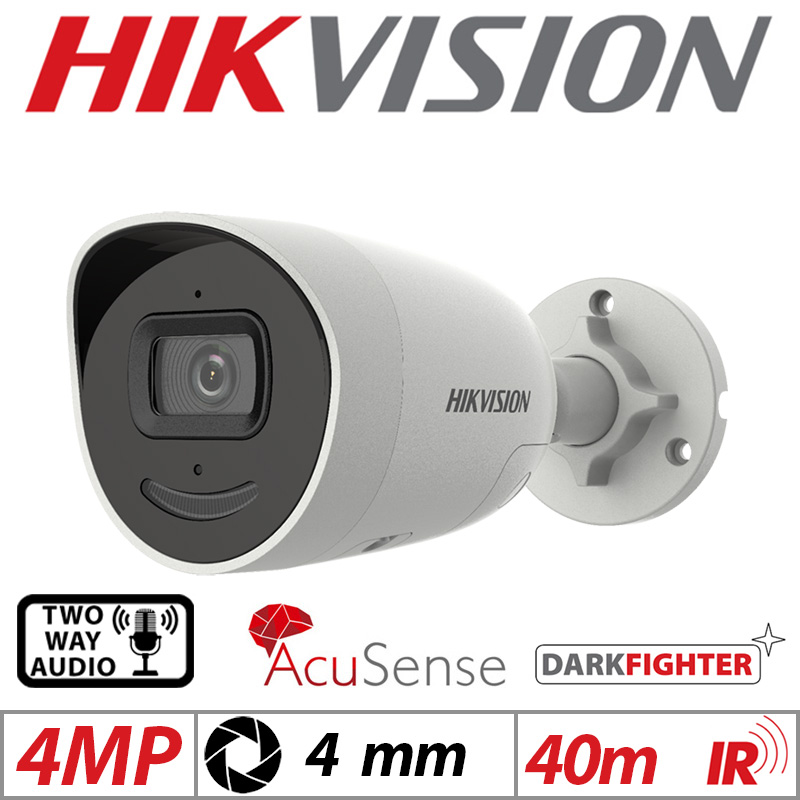 4MP HIKVISION ACUSENSE DARKFIGHTER BULLET IP NETWORK CAMERA WITH 2-WAY AUDIO STROBE LIGHT AND AUDIBLE WARNING 4MM WHITE DS-2CD2046G2-IU-SL