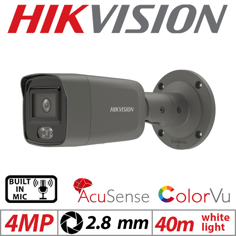 4MP HIKVISION COLORVU ACUSENSE BULLET IP NETWORK CAMERA WITH BUILT IN MIC 2.8MM GREY DS-2CD2047G2-LU