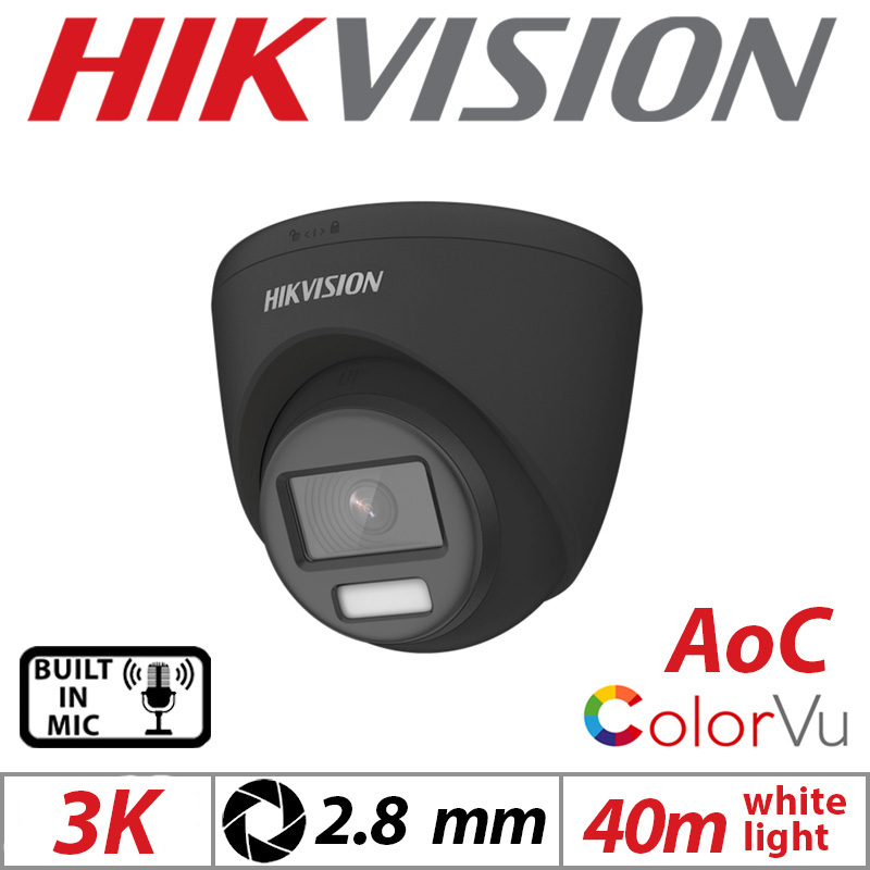 3K HIKVISION COLORVU AOC FIXED TURRET CAMERA WITH BUILT IN MIC 2.8MM BLACK DS-2CE72KF0T-FS