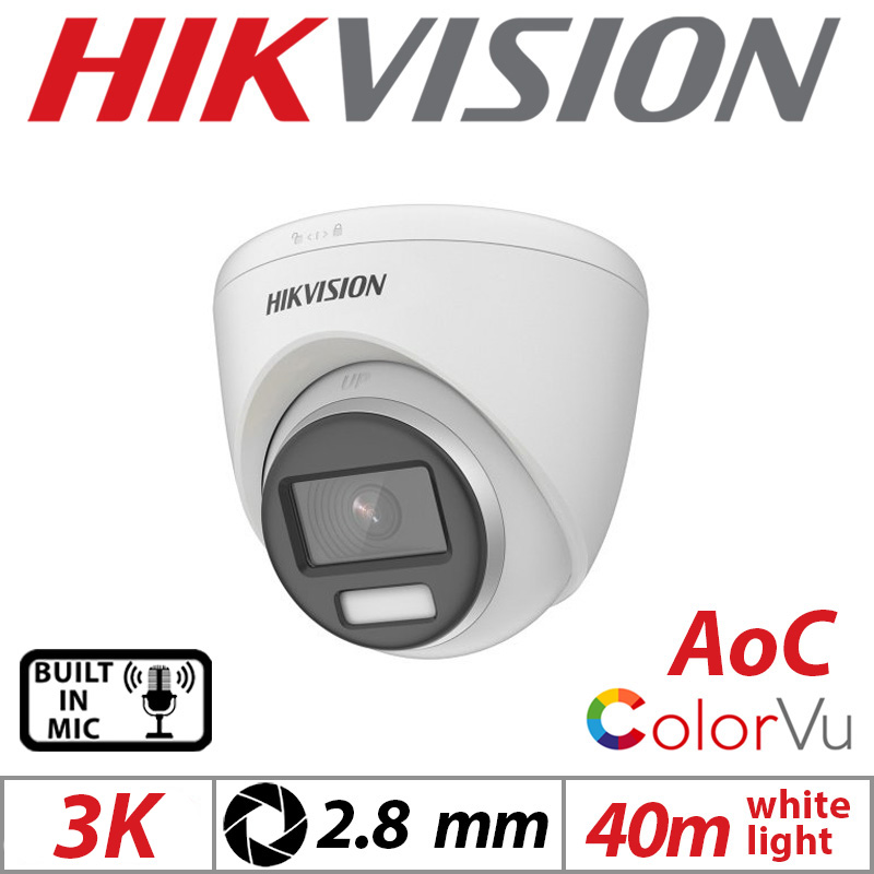 3K HIKVISION COLORVU AOC FIXED TURRET CAMERA WITH BUILT IN MIC 2.8MM WHITE DS-2CE72KF0T-FS