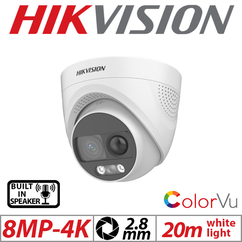 8MP 4K HIKVISION COLORVU PIR SIREN FIXED TURRET CAMERA WITH BUILT IN SPEAKER 2.8MM WHITE DS-2CE72UF3T-PIRXO