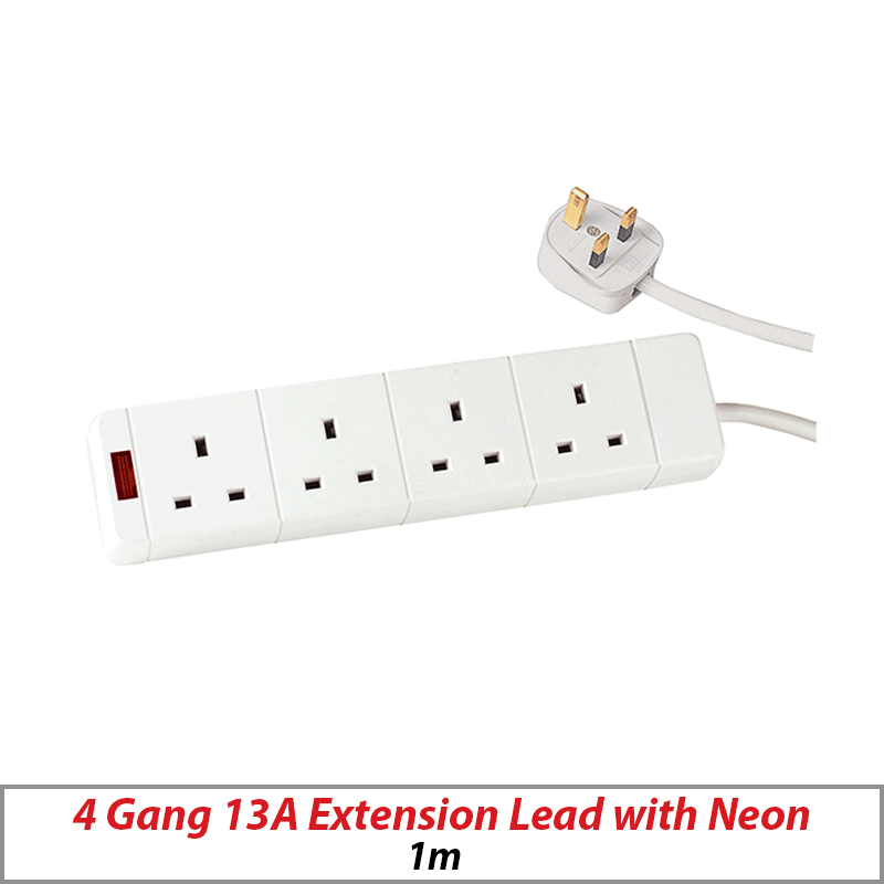 EXTENSION LEAD 1M 4 GANG 13A 1.25MM CABLE WITH NEON