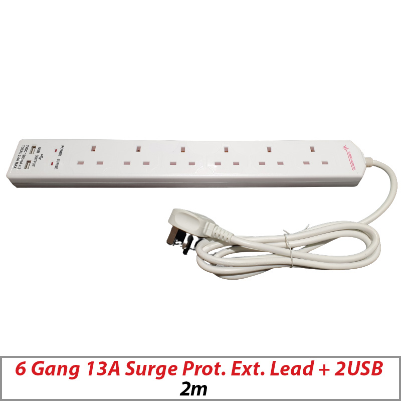 EXTENSION LEAD 2M 6 GANG 13AMP 1.25MM CABLE SURGE PROTECTED WITH 2 USB