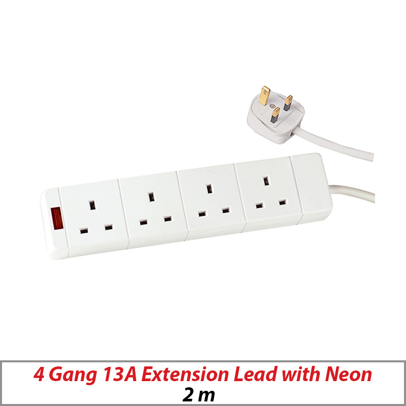 EXTENSION LEAD 2M 4 GANG 13A 1.25MM CABLE WITH NEON