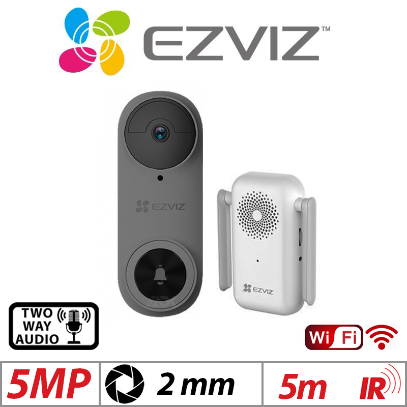 5MP EZVIZ SMART BATTERY POWERED WI-FI VIDEO DORBELL WITH AI HUMAN DETECTION AND CHIME UNIT GREY DB2-PRO