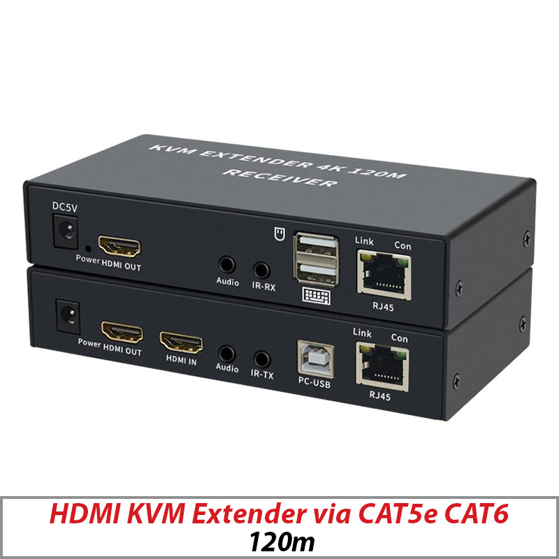 HDMI KVM EXTENDER HDMI-COMPATIBLE USB-A KEYBOARD MOUSE 3.5MM AUX CAT6 RJ45 LAN ETHERNET EXTENDER 4K HDTV 120M