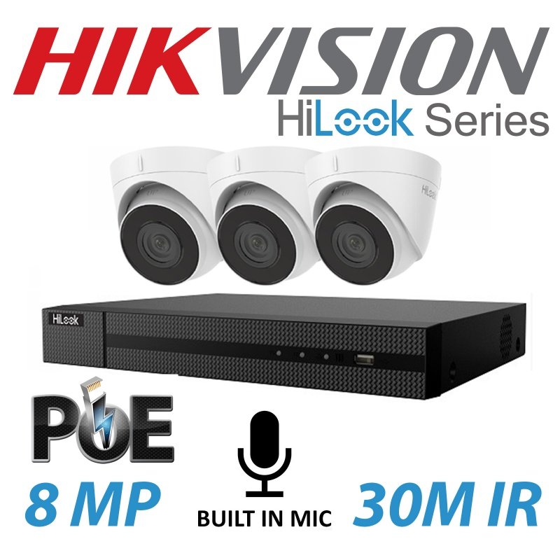 8MP 4CH HIKVISION HILOOK IP POE BUILT IN MIC SYSTEM NVR 3X TURRET CAMERA KIT