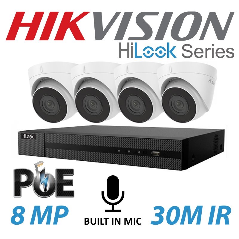 8MP 4CH HIKVISION HILOOK IP POE BUILT IN MIC SYSTEM NVR 4X TURRET CAMERA KIT