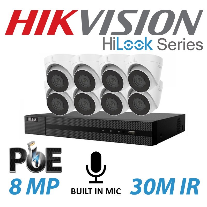 8MP 8CH HIKVISION HILOOK IP POE BUILT IN MIC SYSTEM NVR 8X TURRET CAMERA KIT