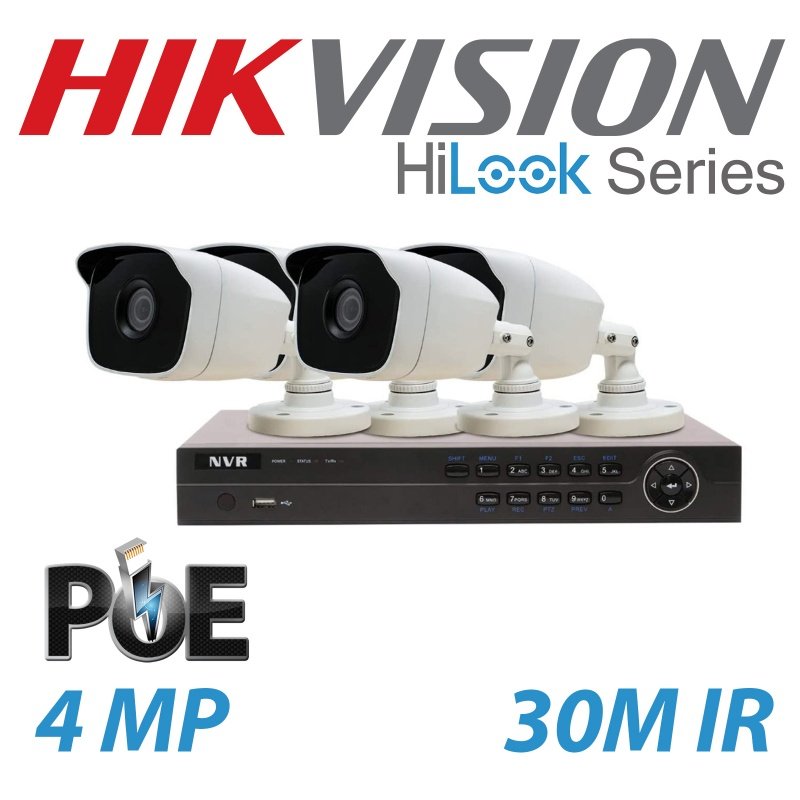 4MP HIKVISION HIWATCH CCTV SYSTEM 4 CHANNEL NVR WITH 4X4MP BULLET CAMERAS & 1TB HDD I104M-A-1T
