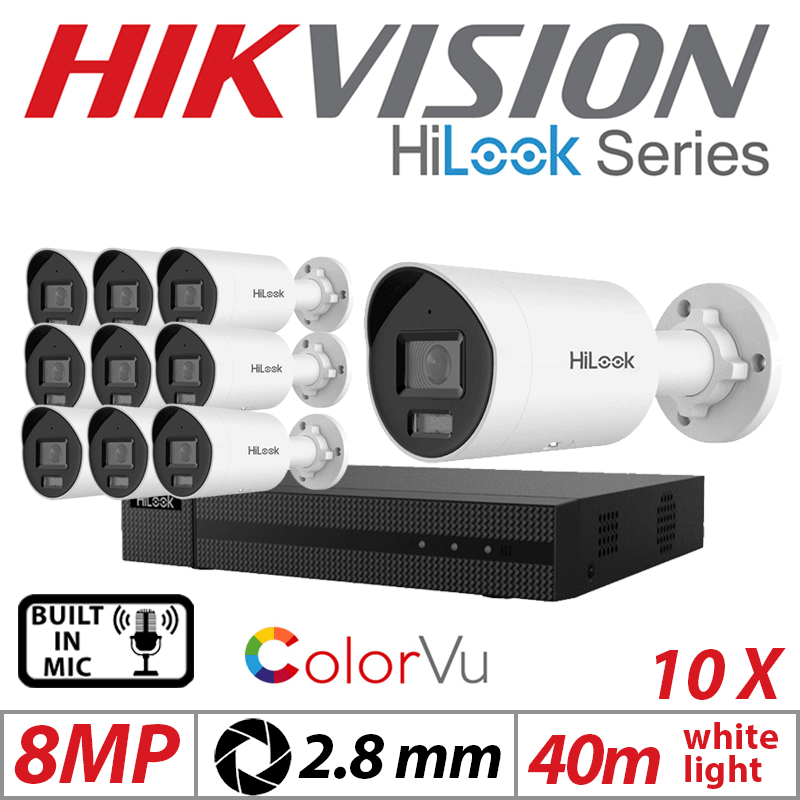 8MP 16CH HIKVISION HILOOK IP KIT - 10X COLORVU IP POE BULLET CAMERA WITH BUILT IN MIC 2.8MM IPC-B189H-MU