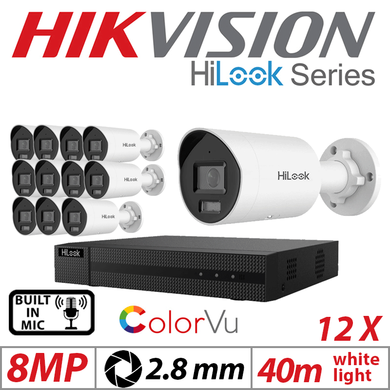 8MP 16CH HIKVISION HILOOK IP KIT - 12X COLORVU IP POE BULLET CAMERA WITH BUILT IN MIC 2.8MM IPC-B189H-MU