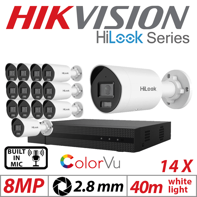 8MP 16CH HIKVISION HILOOK IP KIT - 14X COLORVU IP POE BULLET CAMERA WITH BUILT IN MIC 2.8MM IPC-B189H-MU