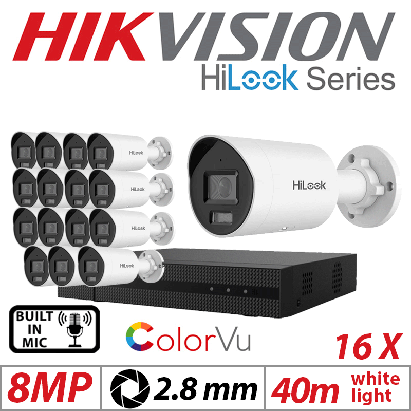 8MP 16CH HIKVISION HILOOK IP KIT - 16X COLORVU IP POE BULLET CAMERA WITH BUILT IN MIC 2.8MM IPC-B189H-MU