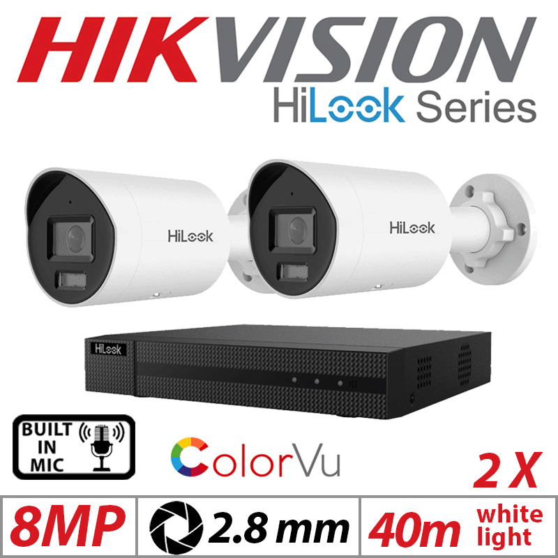 8MP 4CH HIKVISION HILOOK IP KIT - 2X COLORVU IP POE BULLET CAMERA WITH BUILT IN MIC 2.8MM IPC-B189H-MU