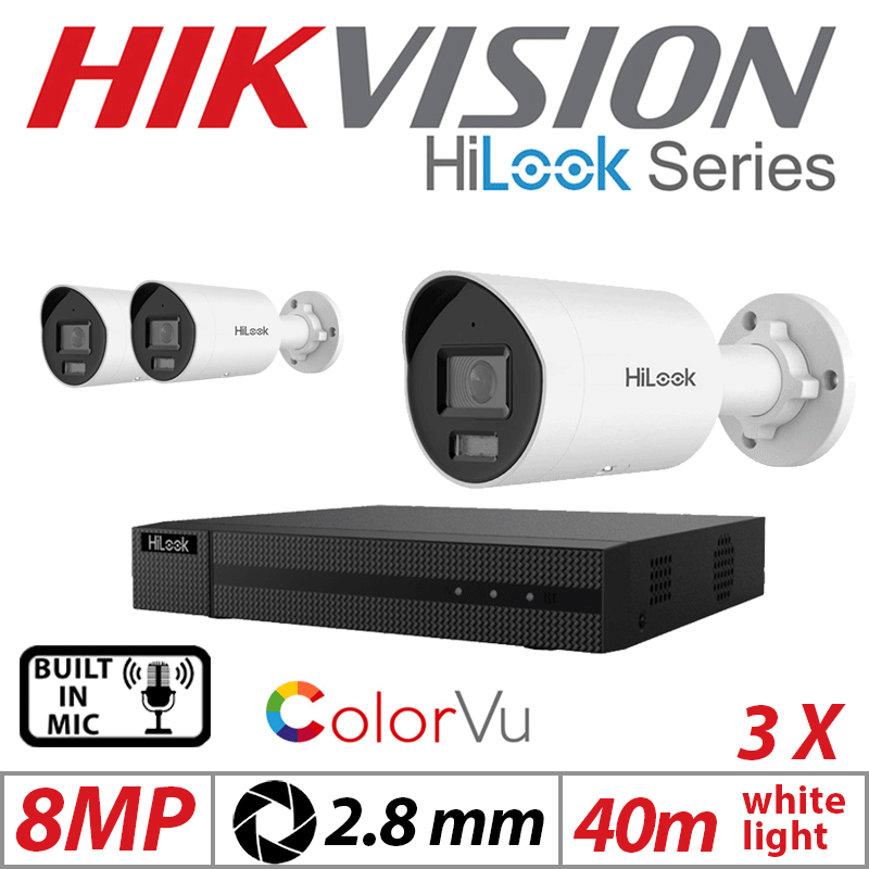 8MP 4CH HIKVISION HILOOK IP KIT - 3X COLORVU IP POE BULLET CAMERA WITH BUILT IN MIC 2.8MM IPC-B189H-MU