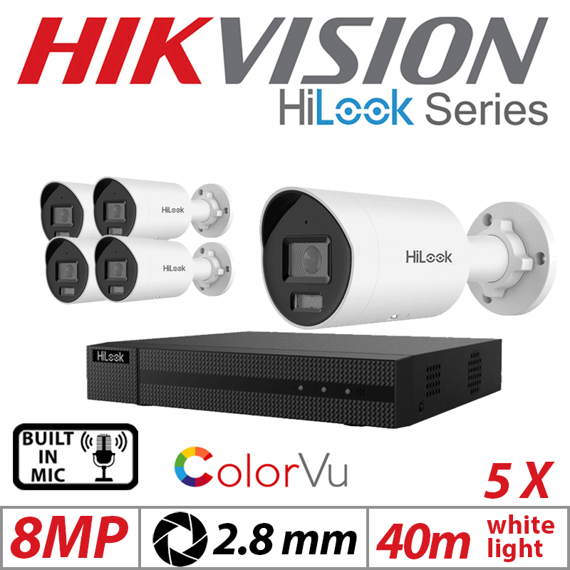 8MP 8CH HIKVISION HILOOK IP KIT - 5X COLORVU IP POE BULLET CAMERA WITH BUILT IN MIC 2.8MM IPC-B189H-MU