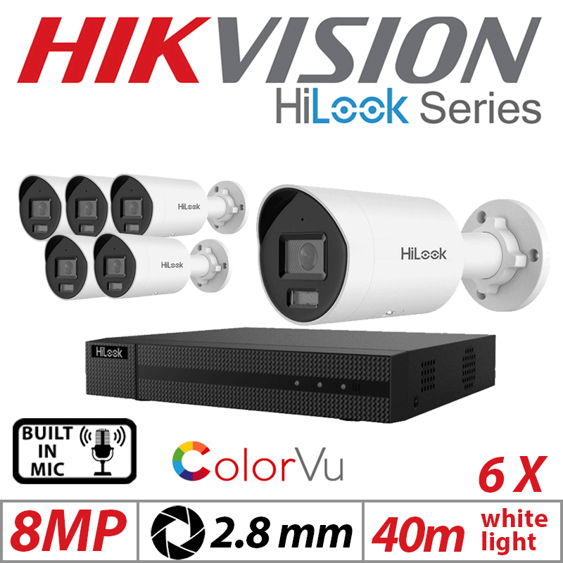 8MP 8CH HIKVISION HILOOK IP KIT - 6X COLORVU IP POE BULLET CAMERA WITH BUILT IN MIC 2.8MM IPC-B189H-MU