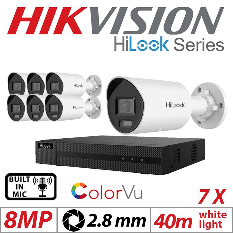 8MP 8CH HIKVISION HILOOK IP KIT - 7X COLORVU IP POE BULLET CAMERA WITH BUILT IN MIC 2.8MM IPC-B189H-MU