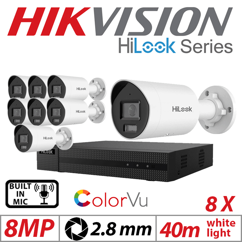 8MP 8CH HIKVISION HILOOK IP KIT - 8X COLORVU IP POE BULLET CAMERA WITH BUILT IN MIC 2.8MM IPC-B189H-MU