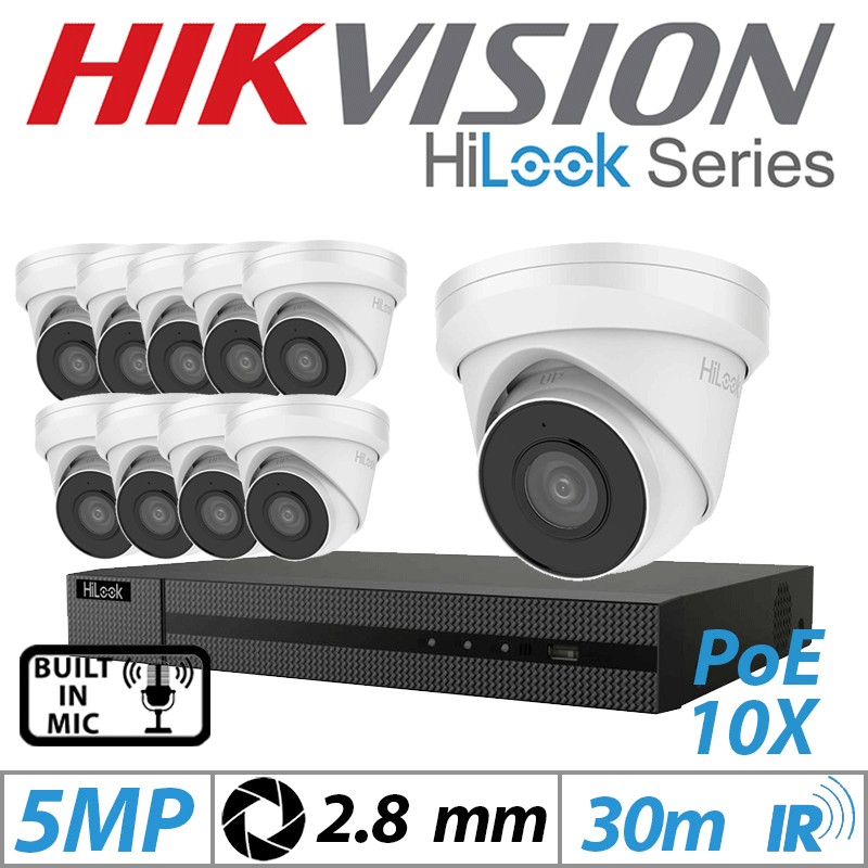 5MP 16CH HIKVISION HILOOK IP KIT - 10X DOME IP POE OUTDOOR CAMERA 2.8MM WHITE IPC-T250H-MU