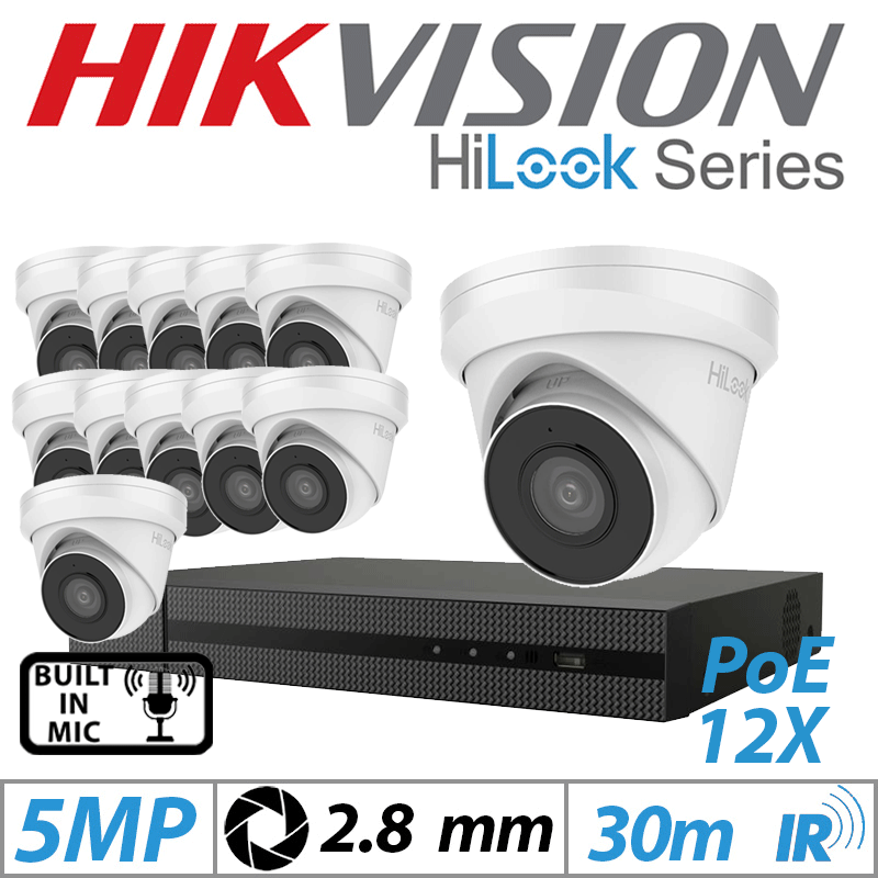 5MP 16CH HIKVISION HILOOK IP KIT - 12X DOME IP POE OUTDOOR CAMERA 2.8MM WHITE IPC-T250H-MU