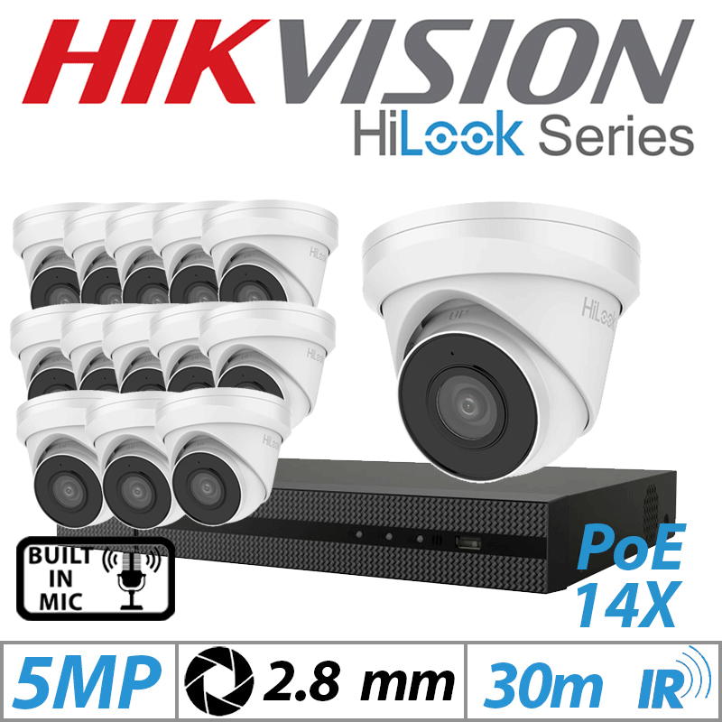 5MP 16CH HIKVISION HILOOK IP KIT - 14X DOME IP POE OUTDOOR CAMERA 2.8MM WHITE IPC-T250H-MU